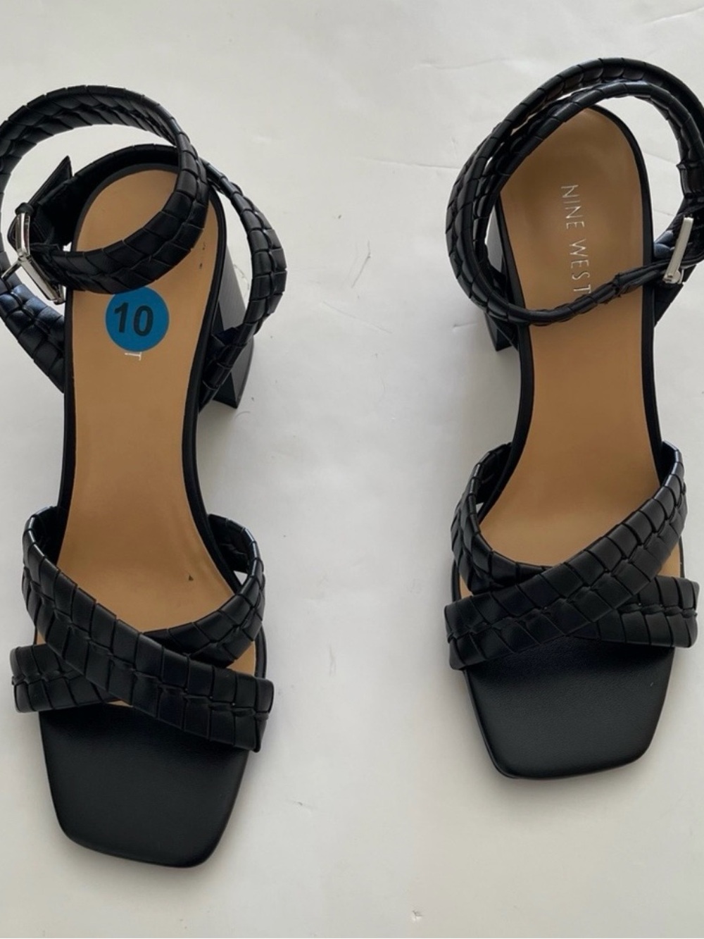 Nine West Black Braided Ankle-Strap Block Heel Sandals